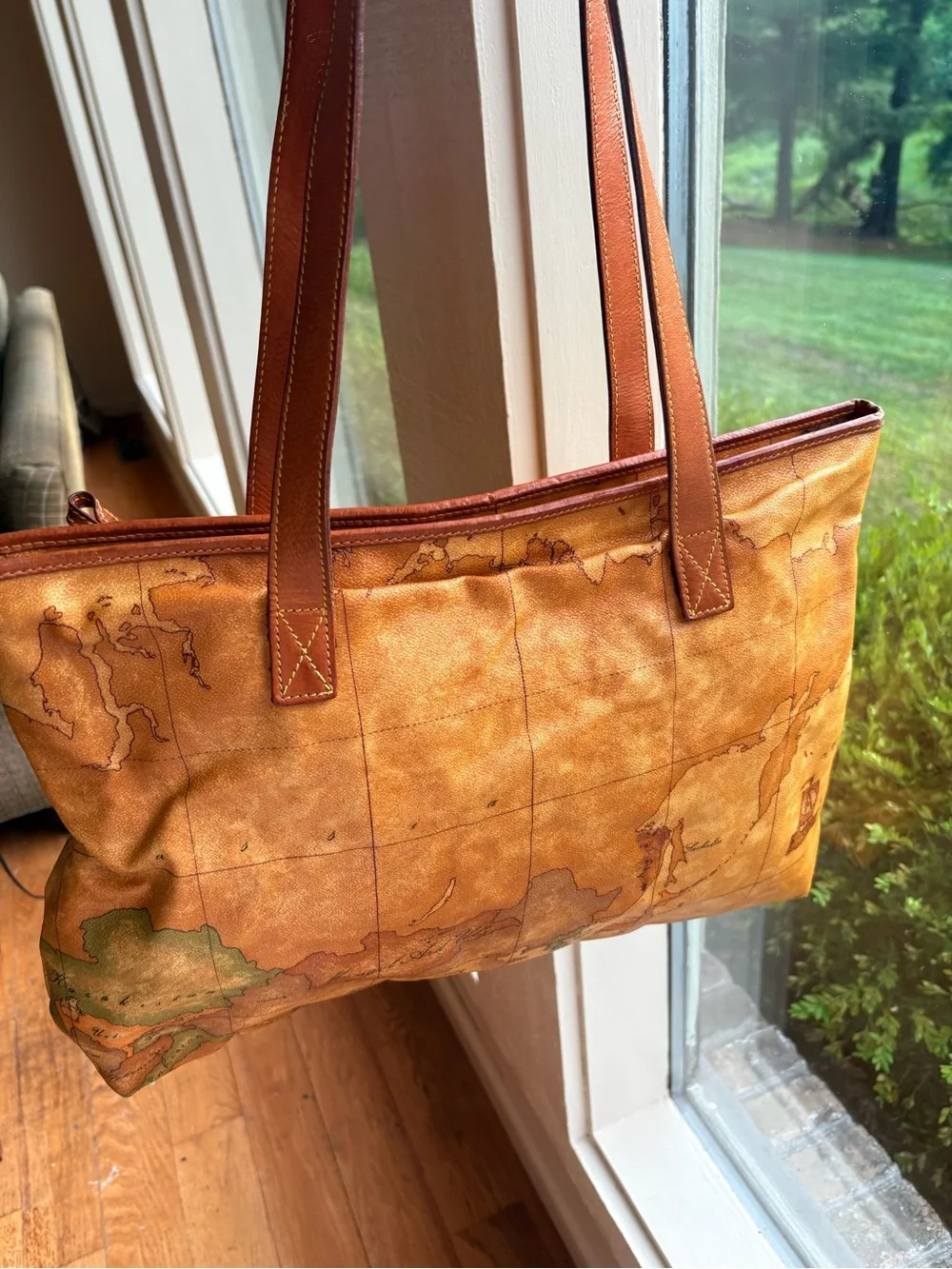 Alviero Martini World Map Tan Canvas and Leather Trim Shoulder Tote 19 x 12